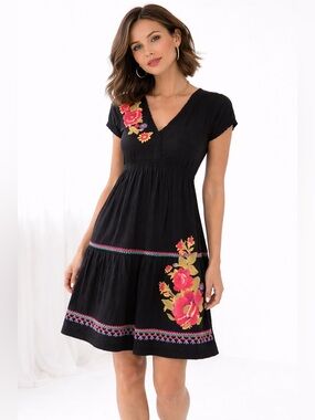 Johnny Was Los Angeles Embroidered Black Boho Dress Floral Cottagecore Romance L